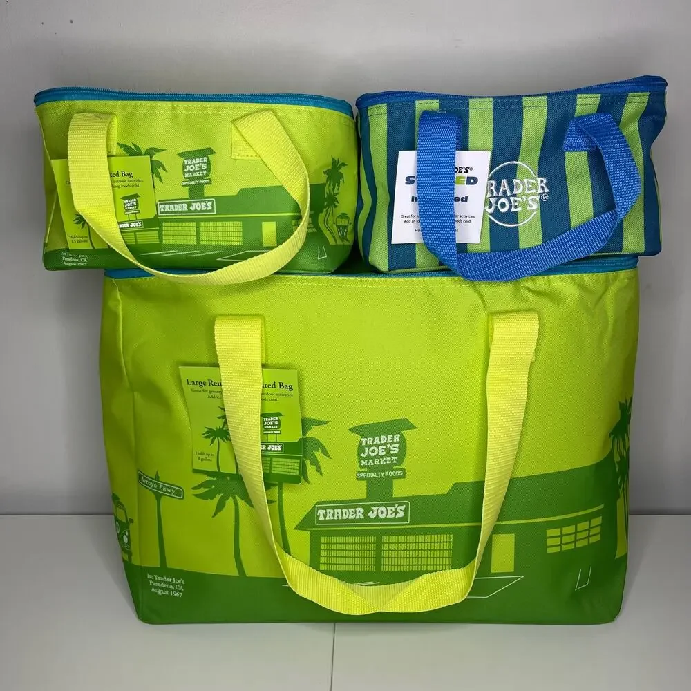 Set of 3 Trader Joe’s Insulated Cooler Bags — Large + Mini — Lime Green + Stripe